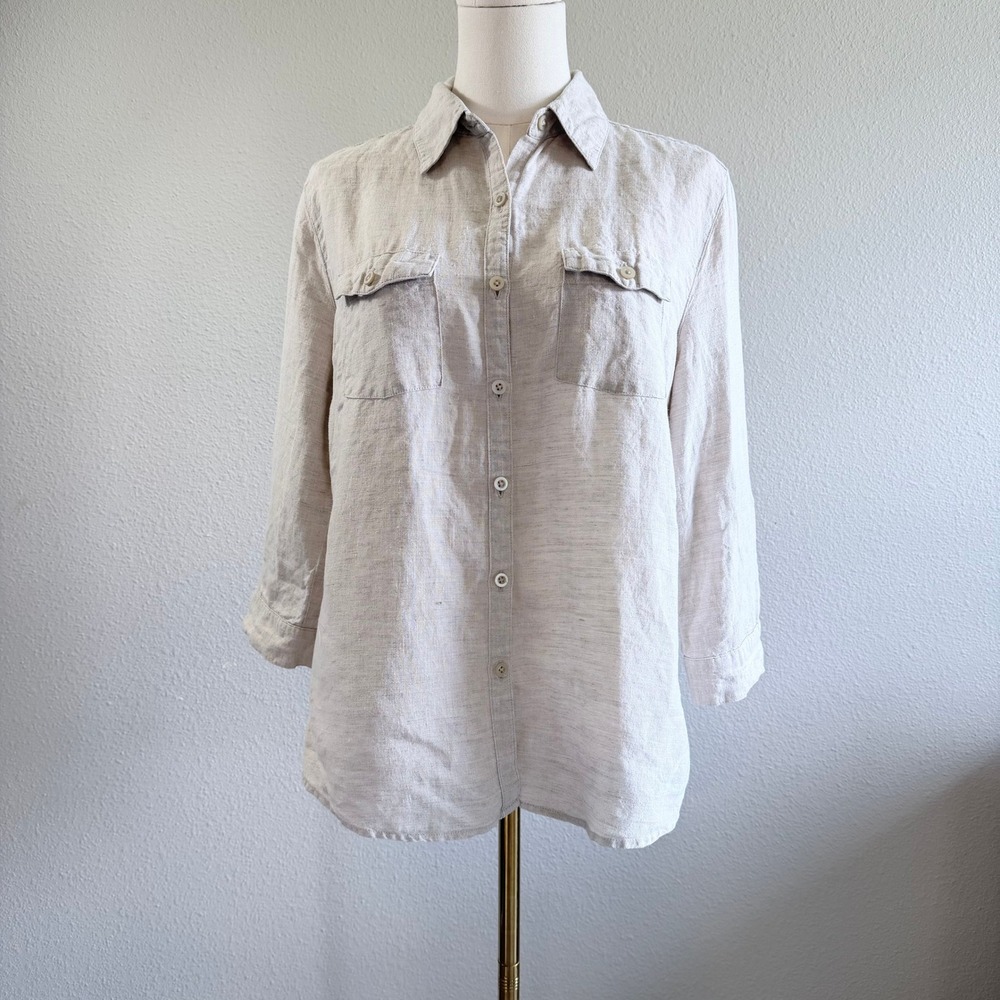 Kim Rogers Petite 100% Linen Shirt Beige‎ 3/4 Sleeve Button Up Blouse PM Natural